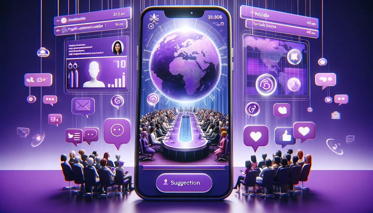 Illustration of a global town hall connected through phones