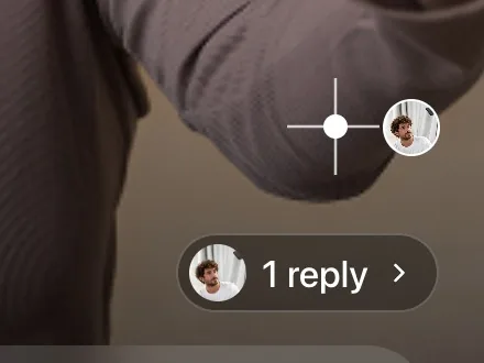 App detail: the conversation map crosshair with a reply avatar, and a “1 reply” button.