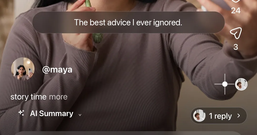 App detail: a live caption reading “The best advice I ever ignored.”, the creator's handle, and the AI Summary control.