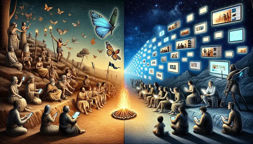 Illustration: stories spreading from a campfire to screens around the world